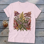 Pink t-shirt with a detailed botanical illustration of fall wildflowers.