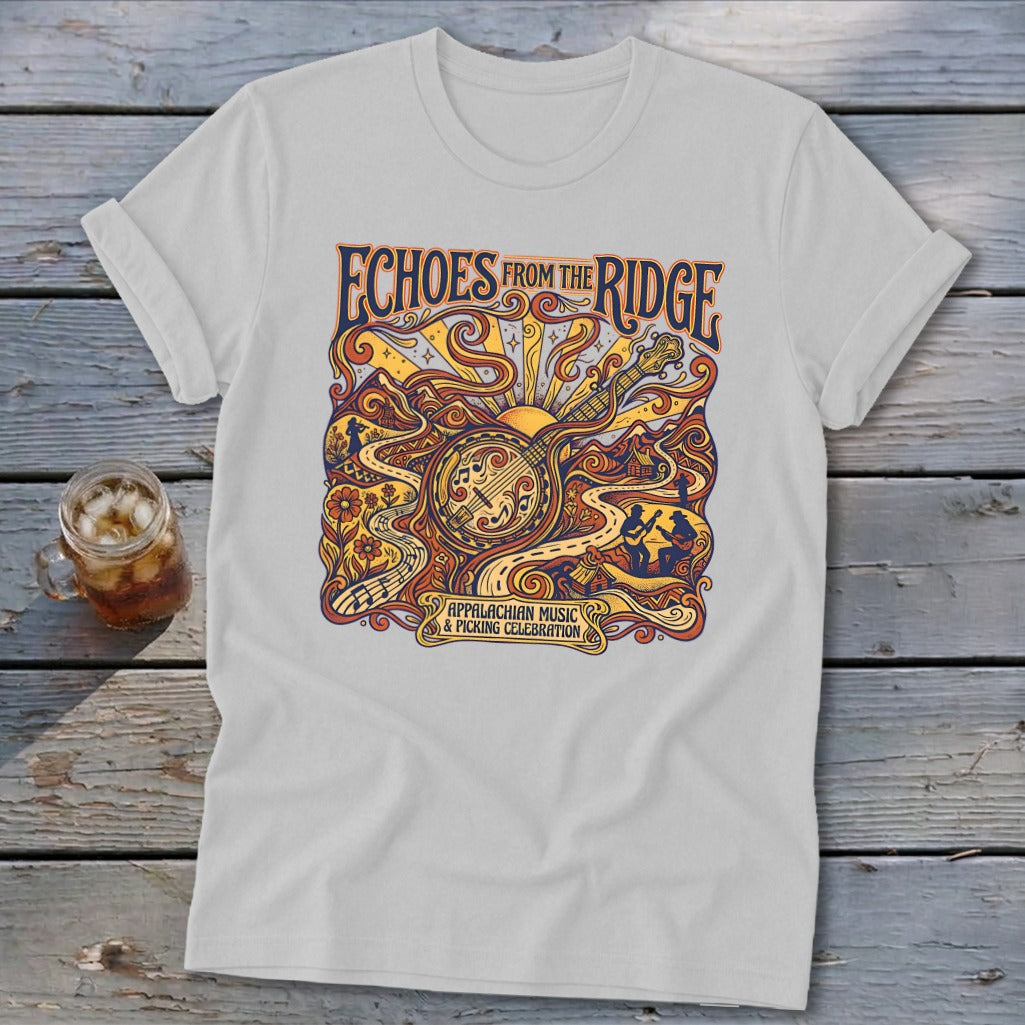 White t-shirt with "Echoes from the Ridge" and Appalachian music graphic.