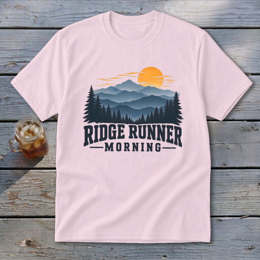 Pink t-shirt with "Ridge Runner Morning" text and mountain sunset graphic.