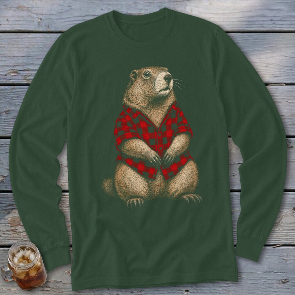 Groundhog wearing a red and black plaid shirt on a dark green long-sleeve shirt.