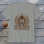 Light gray t-shirt with brown lantern graphic and text "Established In The Hills".