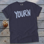 Navy t-shirt with "YOUR'N" in light blue text.