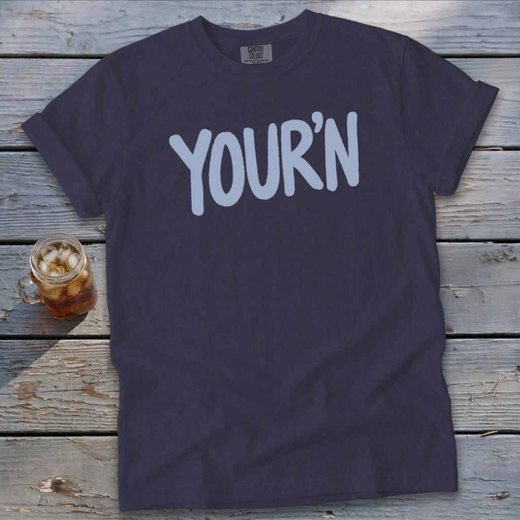 Navy t-shirt with "YOUR'N" in light blue text.