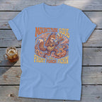 Light blue t-shirt with fox playing guitar, "Mountain Soul and Front Porch Pickin'" text.