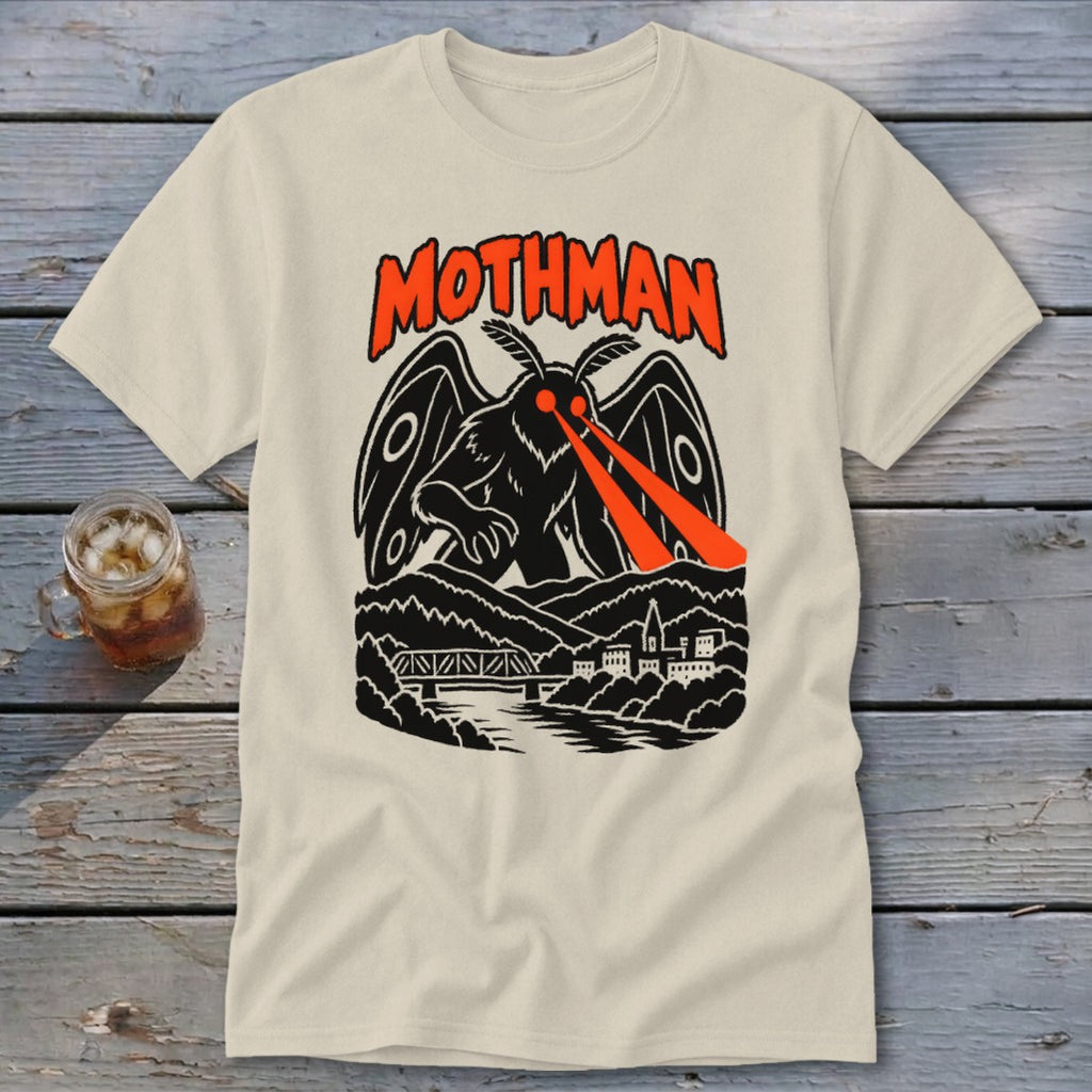 Cream t-shirt with Mothman graphic and orange text.