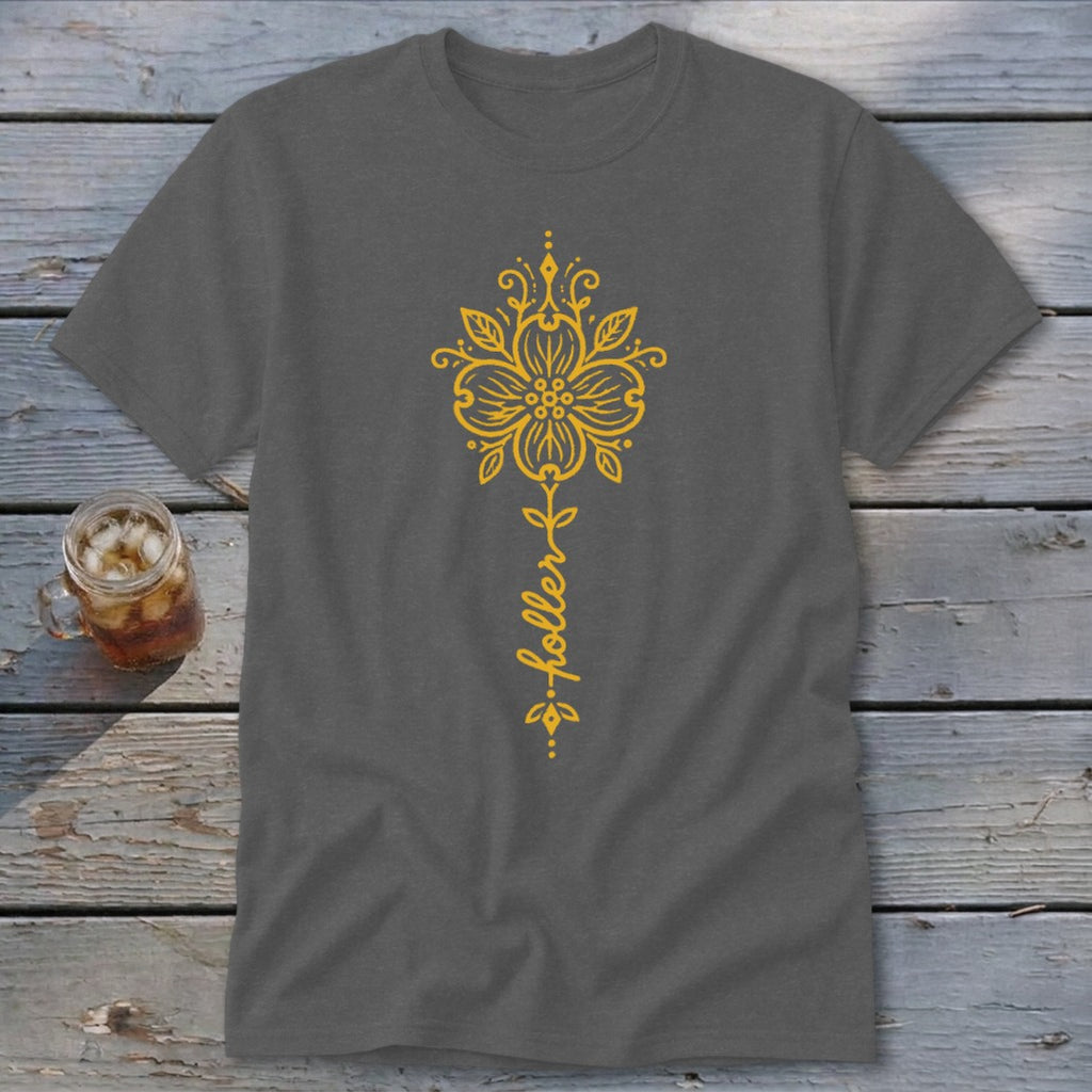 Gray t-shirt with yellow floral design and "holler" text.