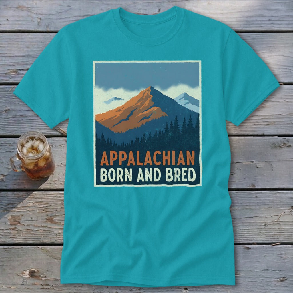 Teal t-shirt featuring a retro mountain graphic and the text Appalachian Born and Bred.