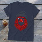 Navy t-shirt with a close-up embroidered design of a red cardinal wearing a black beanie.