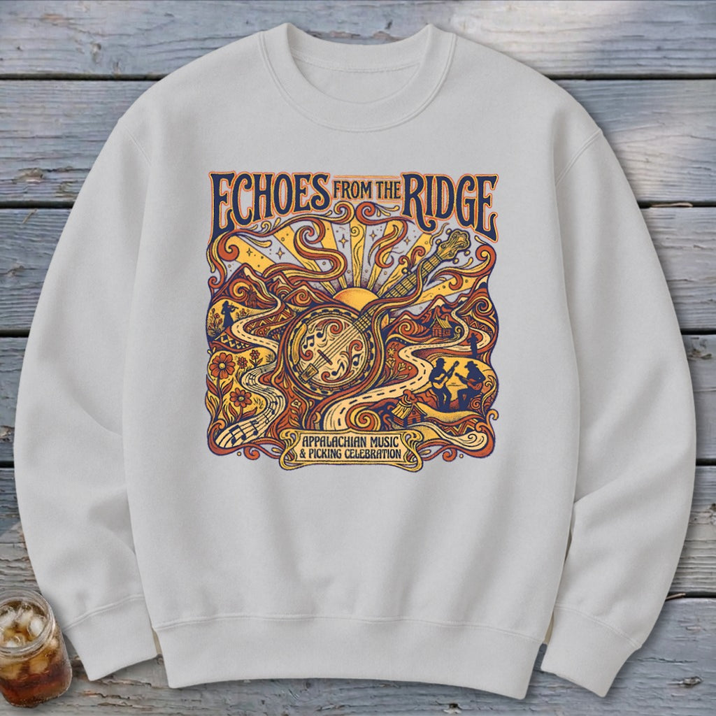 Crewneck sweatshirt with "Echoes From The Ridge Appalachian Music & Picking Celebration" graphic.