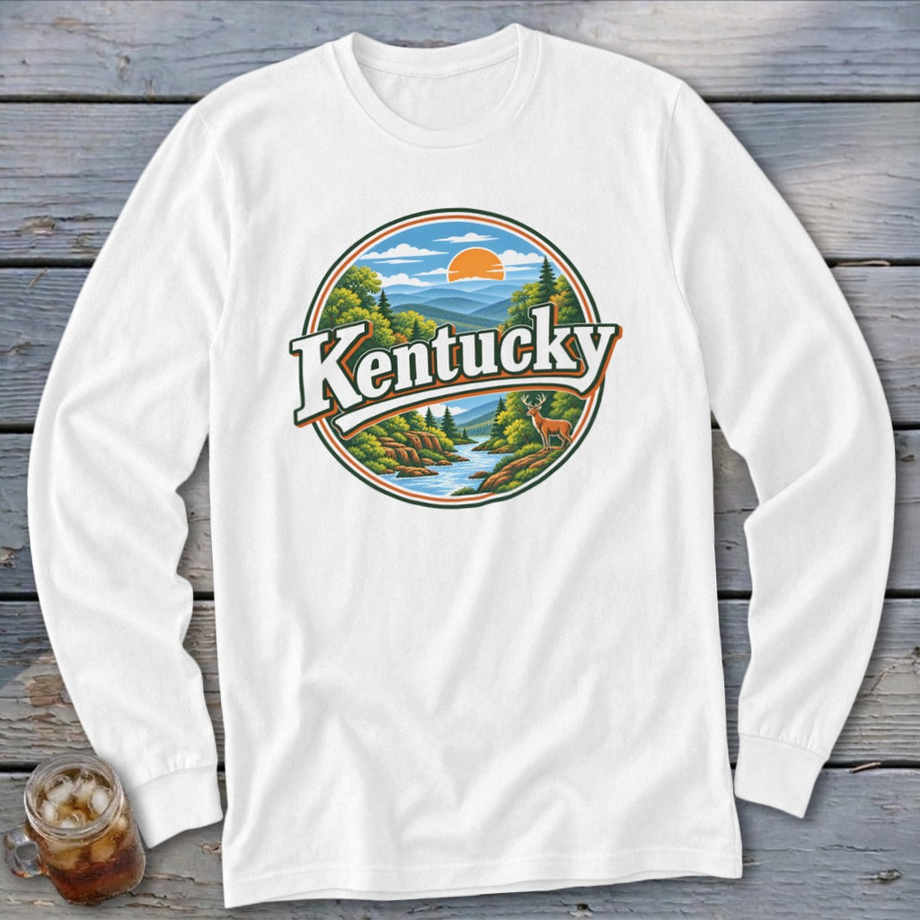 White long-sleeve shirt with circular Kentucky landscape graphic featuring a deer.