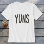 White v-neck t-shirt with "YUNS" printed in dark grey font.