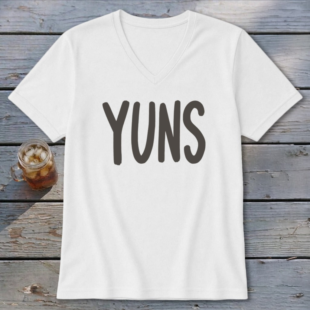 White v-neck t-shirt with "YUNS" printed in dark grey font.