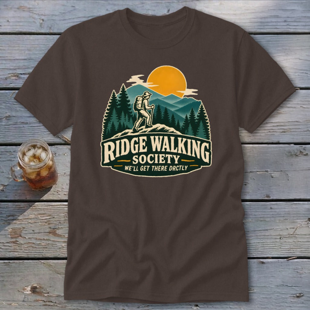 Brown t-shirt with Ridge Walking Society logo featuring a hiker and mountains.