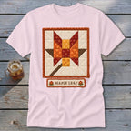 Pink t-shirt with a quilted maple leaf design and the text "MAPLE LEAF".