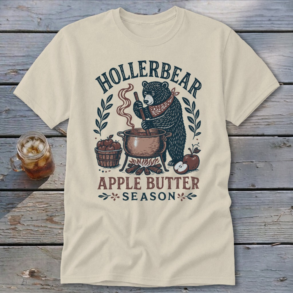 Bear making apple butter with "Hollerbear Apple Butter Season" text.