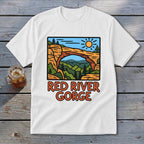 White t-shirt with Red River Gorge arch illustration and text.