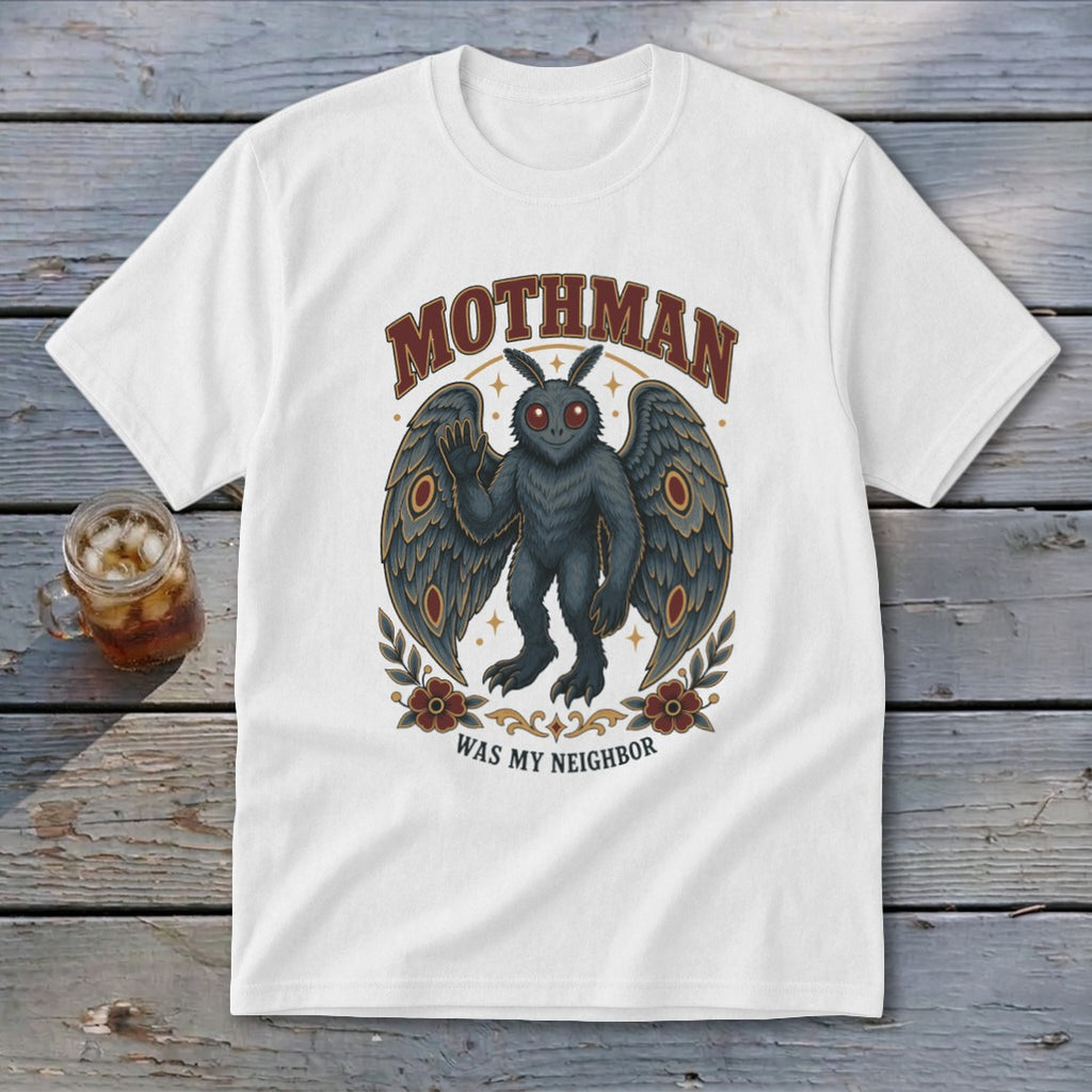 Mothman graphic tee with text "Mothman Was My Neighbor" on white t-shirt.