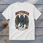 Mothman graphic tee with text "Mothman Was My Neighbor" on white t-shirt.