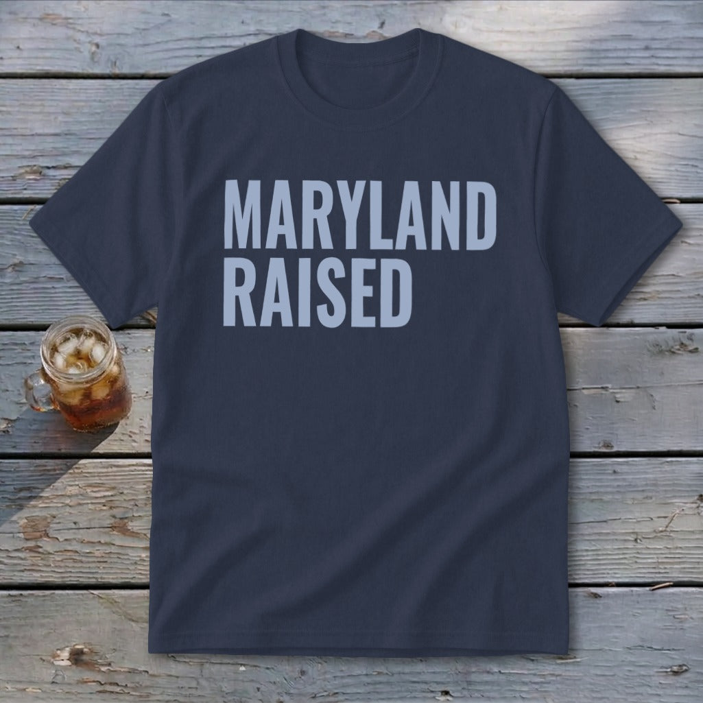 Navy t-shirt with "Maryland Raised" text in light blue.
