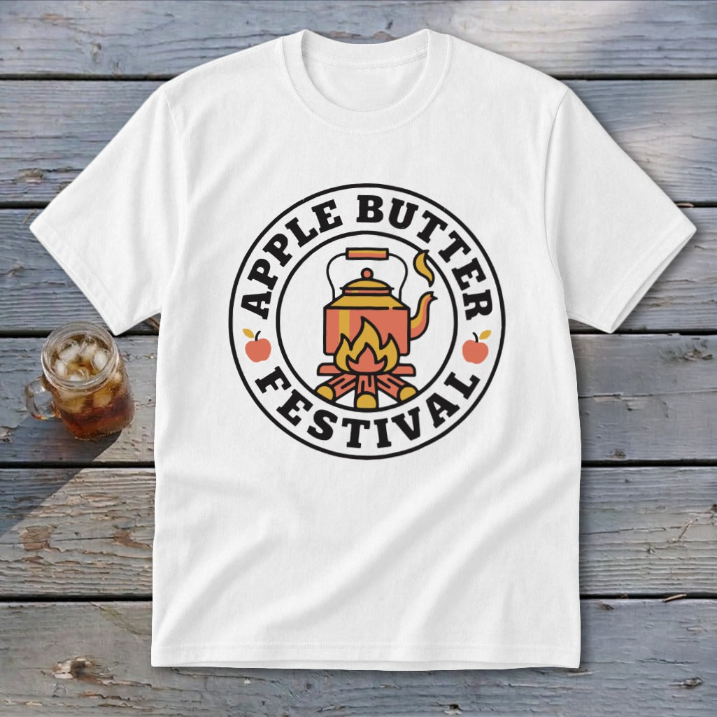 White t-shirt with circular "Apple Butter Festival" graphic featuring a kettle over a campfire.