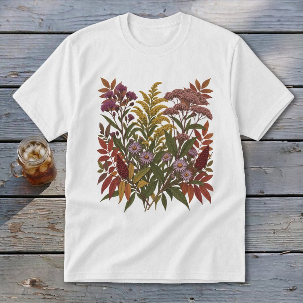 White t-shirt with a colorful floral arrangement featuring purple, yellow, and red blooms and leaves.