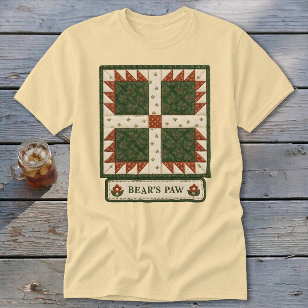 Light yellow t-shirt with a Bear's Paw quilt block design and text.