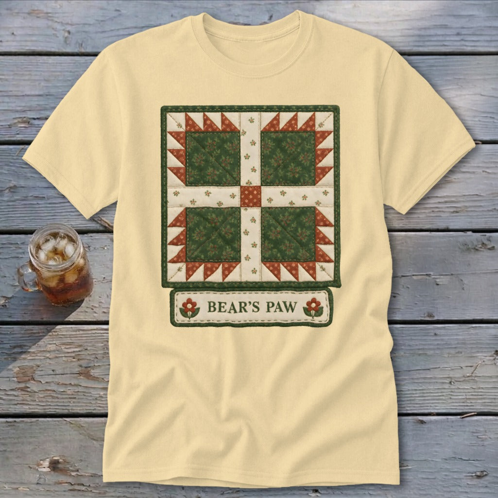Light yellow t-shirt with a Bear's Paw quilt block design and text.