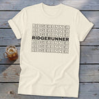 Cream t-shirt with "RIDGERUNNER" repeated seven times, with the middle instance in bold.