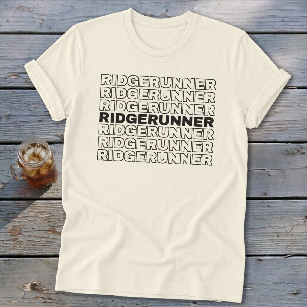 Cream t-shirt with "RIDGERUNNER" repeated seven times, with the middle instance in bold.