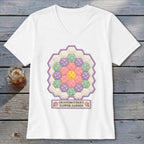 White t-shirt with a hexagonal quilt design and "Grandmother's Flower Garden" text.
