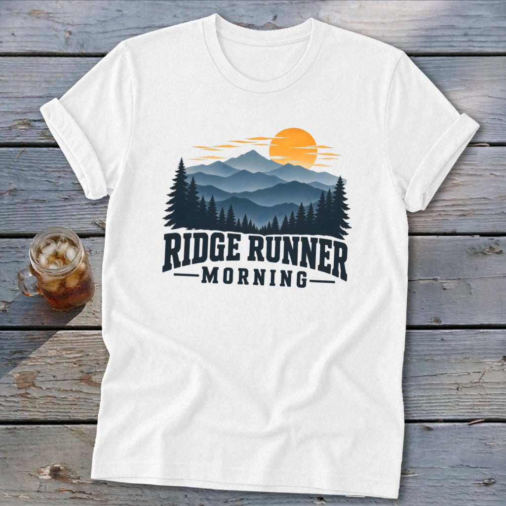 White t-shirt with "Ridge Runner Morning" graphic of mountains, trees, and sun.