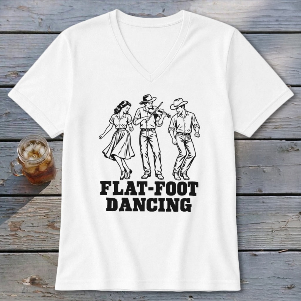 T-shirt with black line art of three figures dancing and playing music, text "FLAT-FOOT DANCING".