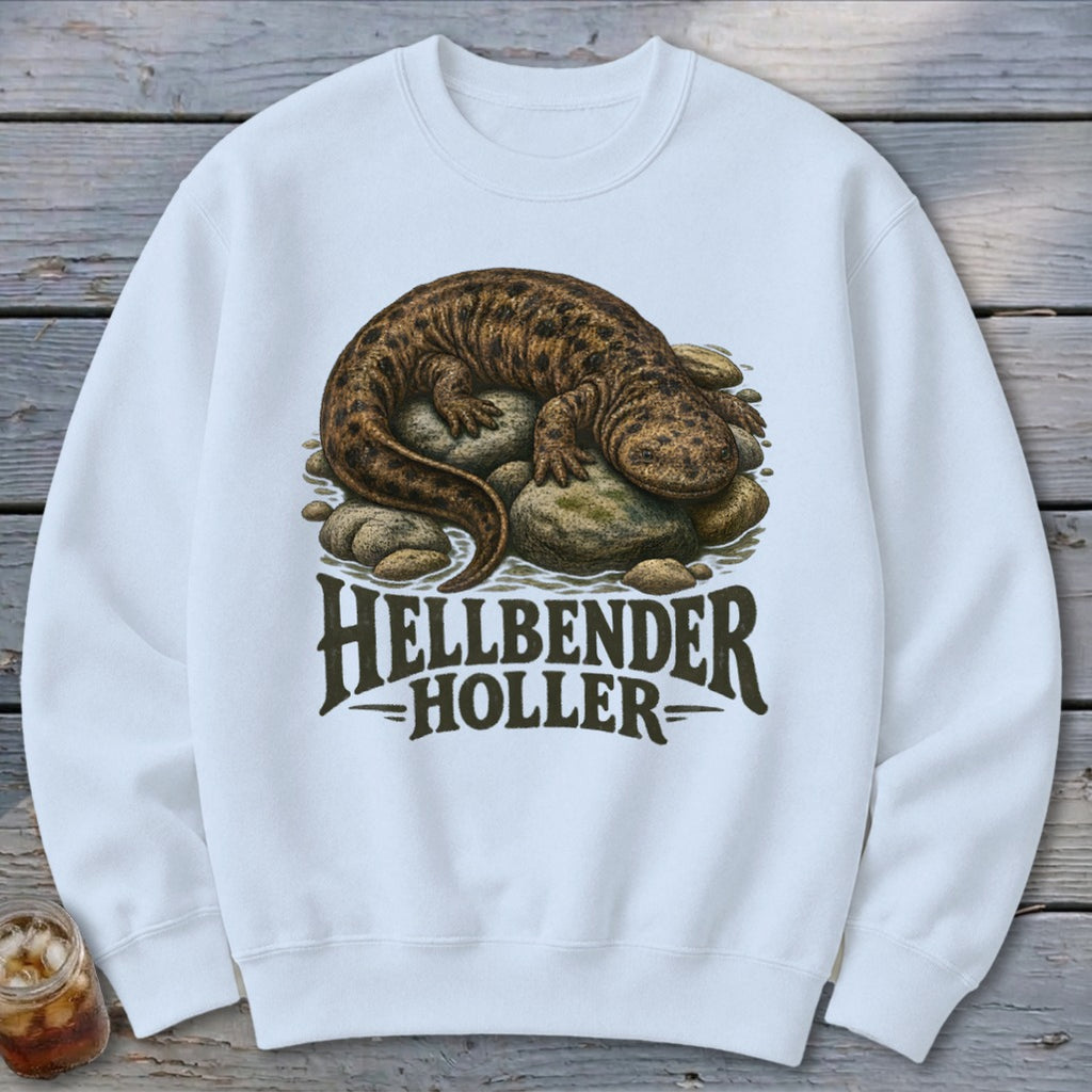White sweatshirt with a Hellbender graphic and text "HELLBENDER HOLLER".