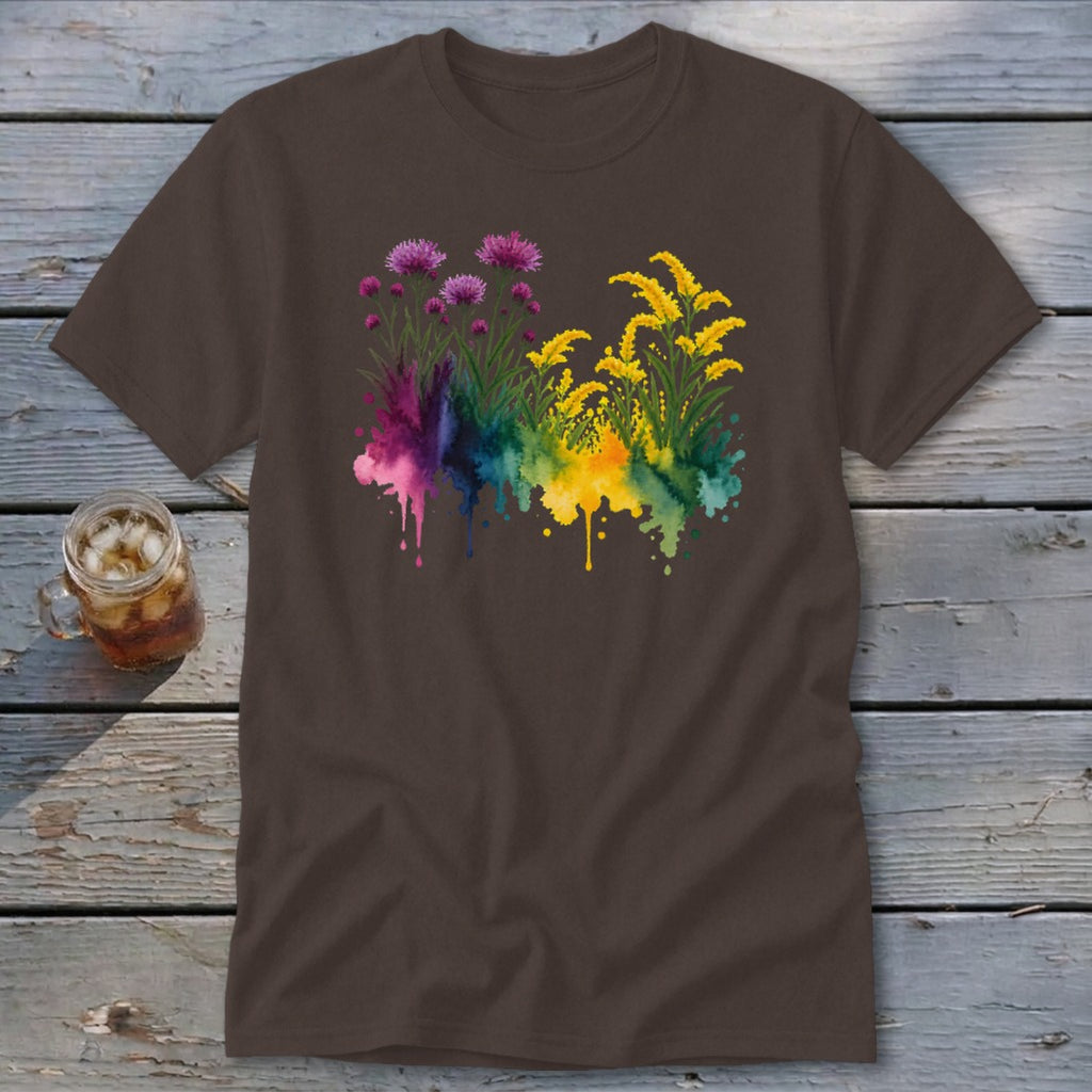 Brown t-shirt with watercolor floral design in pinks, purples, greens, and yellows.