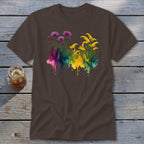 Brown t-shirt with watercolor floral design in pinks, purples, greens, and yellows.