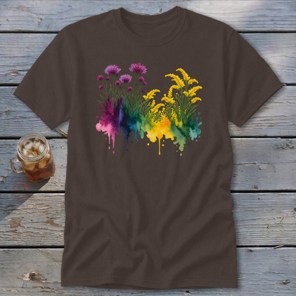 Brown t-shirt with watercolor floral design in pinks, purples, greens, and yellows.