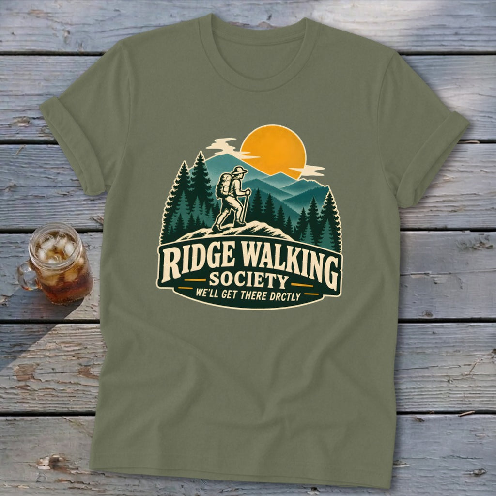 Olive green t-shirt with "Ridge Walking Society" logo and hiker graphic.