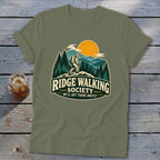 Olive green t-shirt with "Ridge Walking Society" logo and hiker graphic.