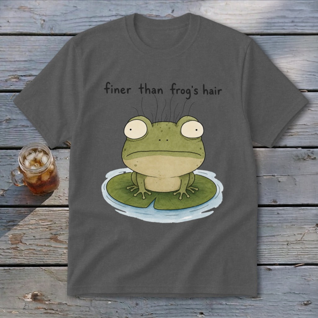 A dark gray t-shirt featuring a cartoon frog on a lily pad with the text finer than frog's hair.
