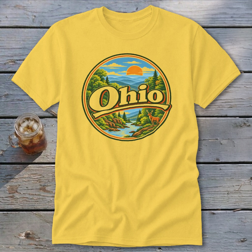 Yellow t-shirt with a circular Ohio nature scene and deer graphic.