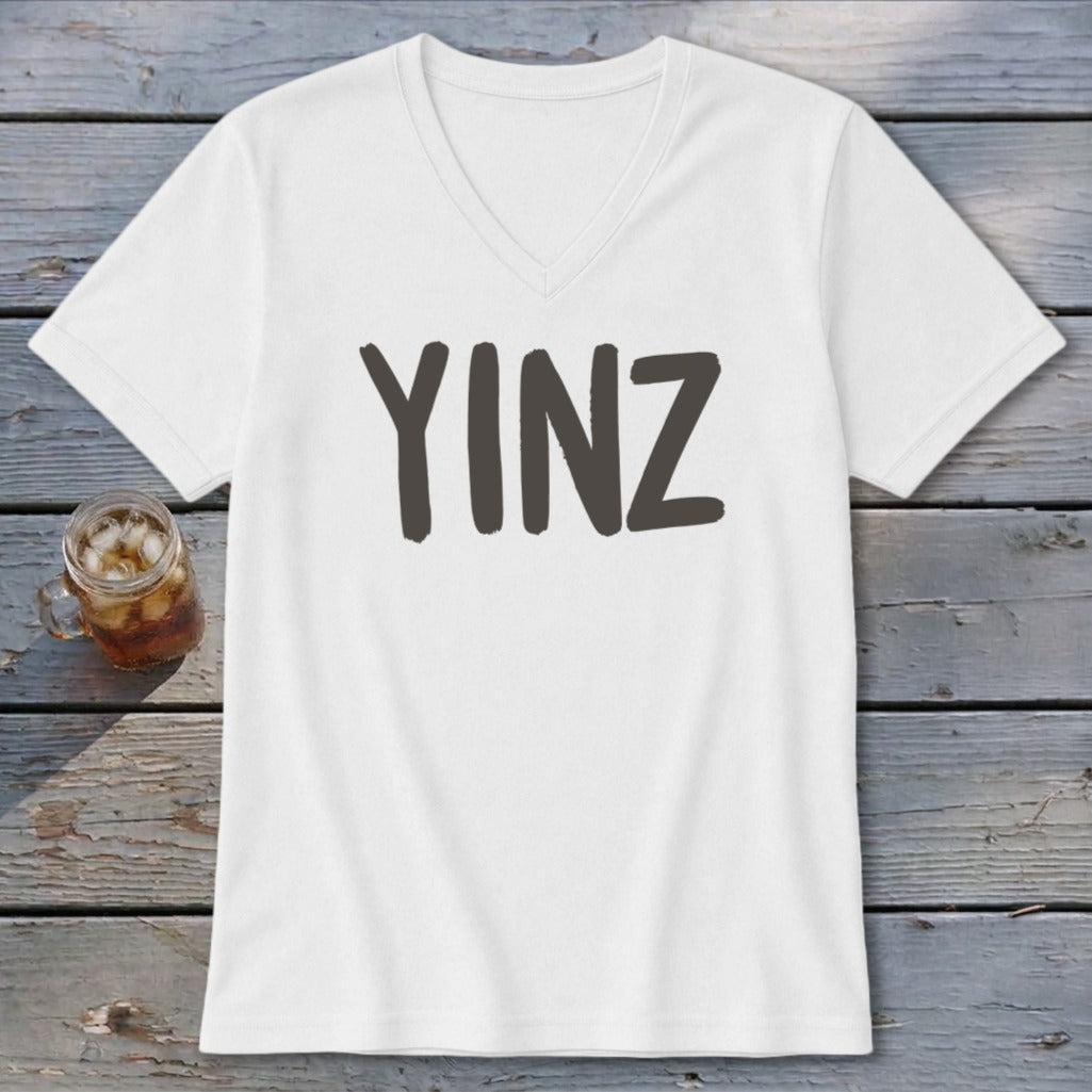 White v-neck t-shirt with "YINZ" in bold gray text