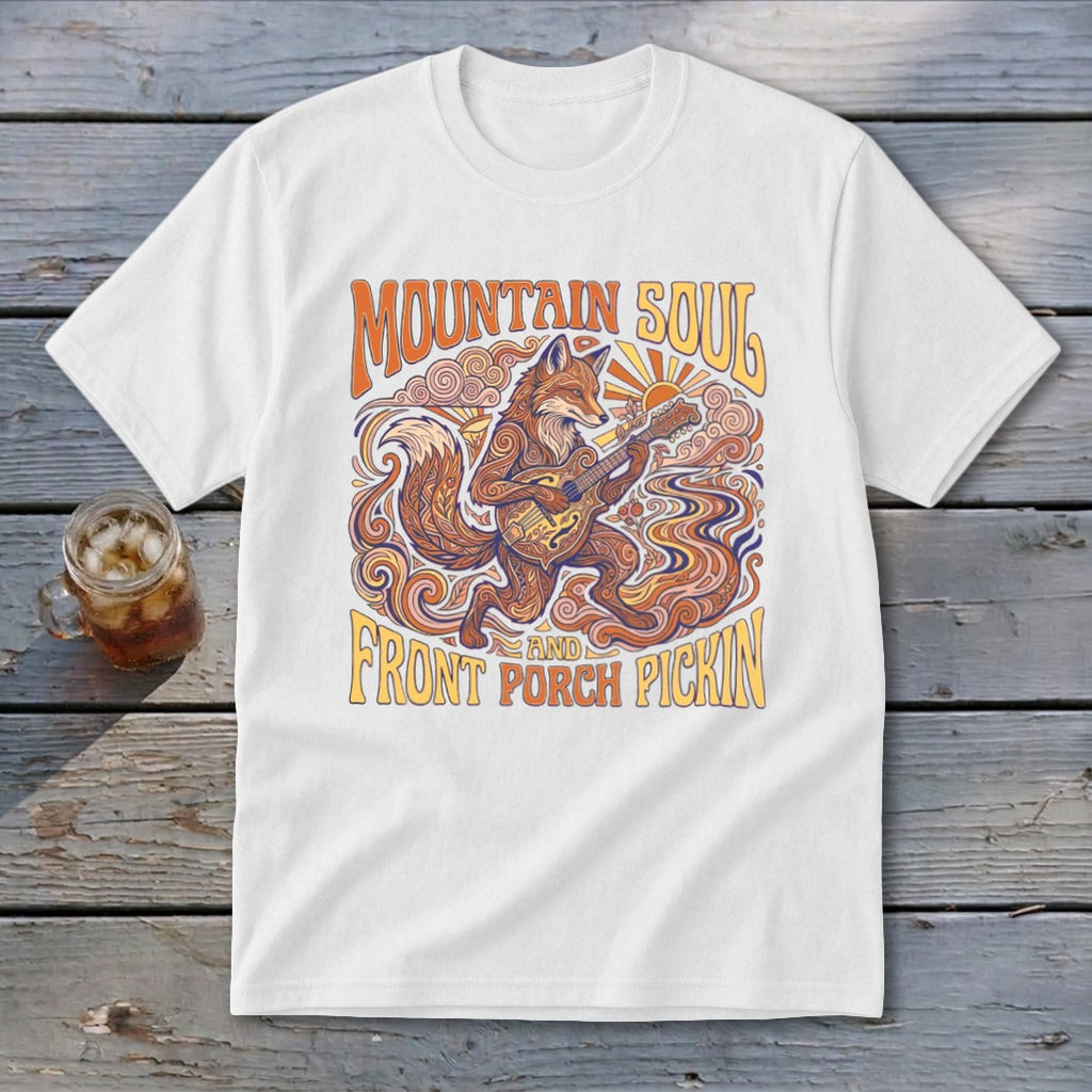 White t-shirt with graphic of a fox playing a guitar, "Mountain Soul and Front Porch Pickin'".