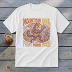 White t-shirt with graphic of a fox playing a guitar, "Mountain Soul and Front Porch Pickin'".