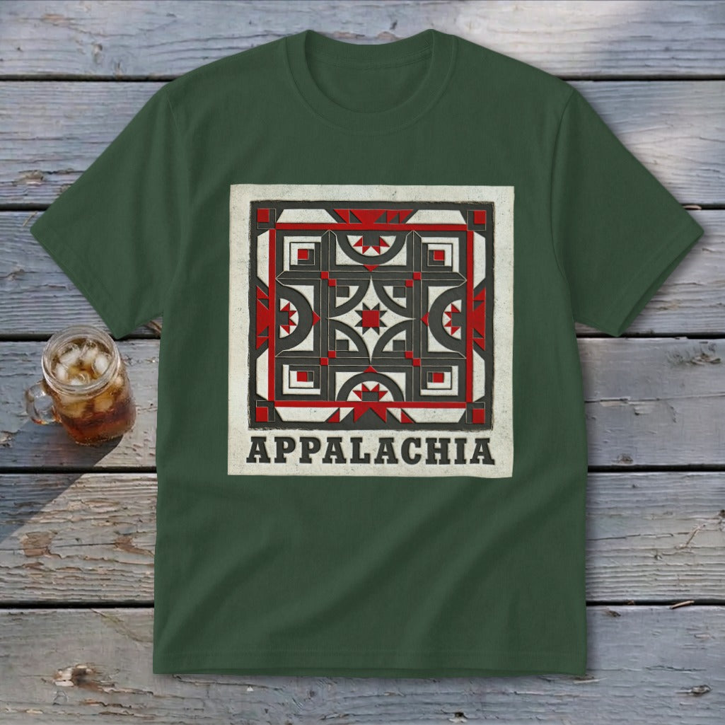 Forest green t-shirt featuring a square geometric folk art quilt design and the word Appalachia.