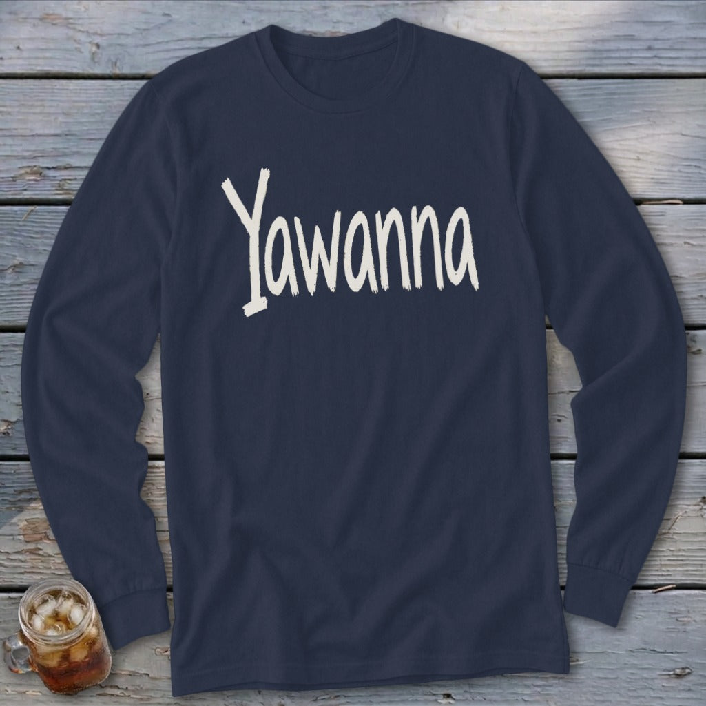 Navy long-sleeve shirt with "Yawanna" in distressed white lettering.
