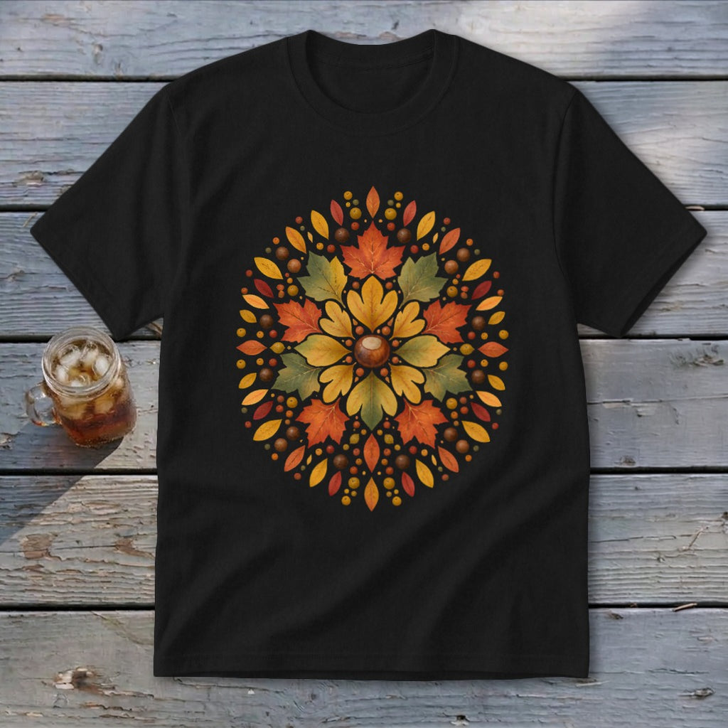 Black t-shirt with a circular autumn leaf and acorn design on the chest.
