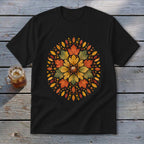 Black t-shirt with a circular autumn leaf and acorn design on the chest.