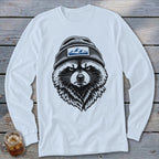 White long-sleeved shirt with a black and white illustration of a raccoon wearing a beanie with a mountain patch.