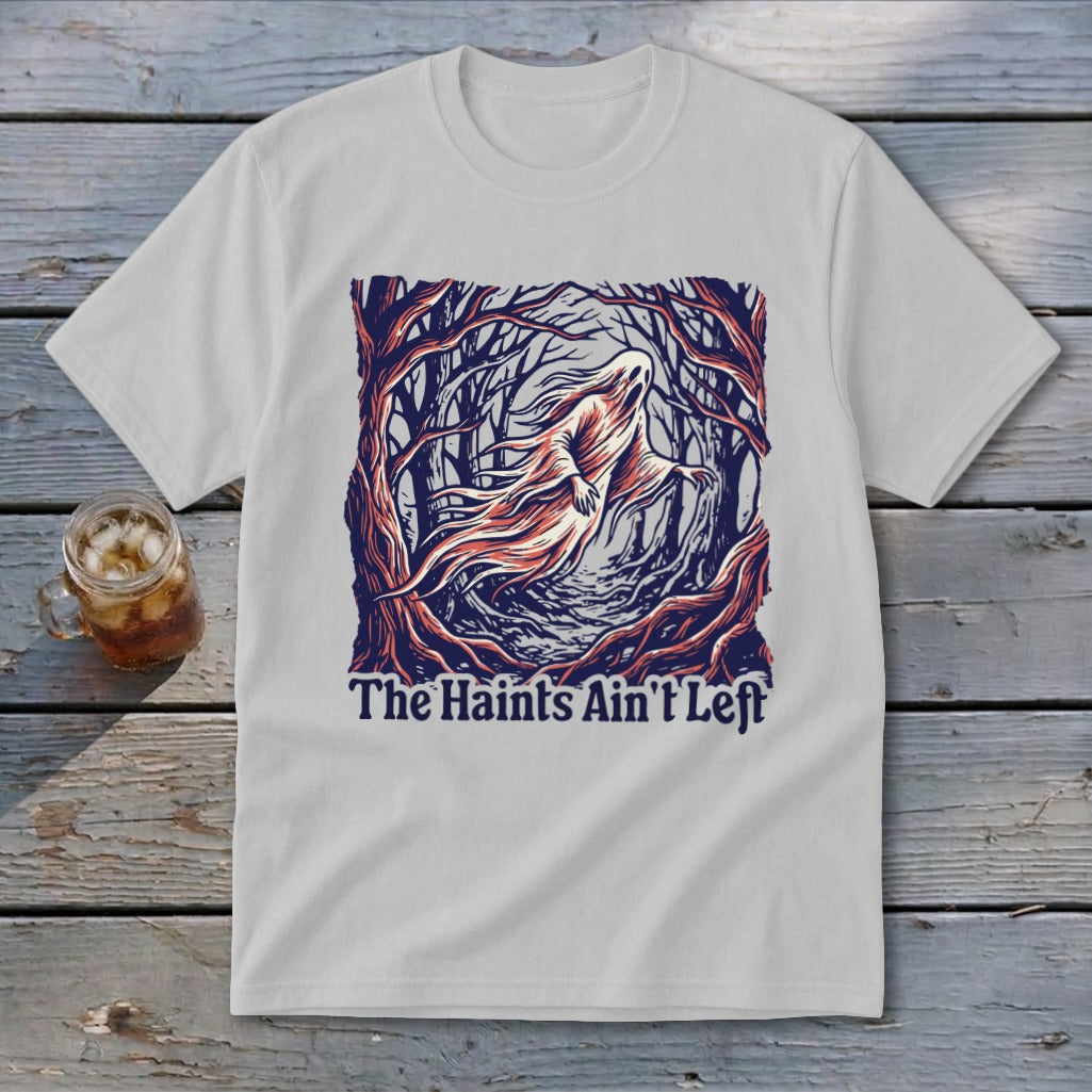 White t-shirt with a ghost design and text "The Haints Ain't Left".