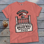 A coral t-shirt printed with a porch graphic and the text HOLLER WIFI? One bar, if you stand on the porch.